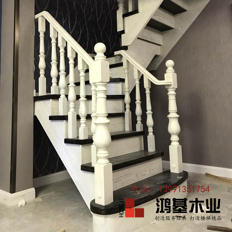 (西安市厂家直销实木楼梯)美国红橡木定制实木楼梯-鸿基楼梯