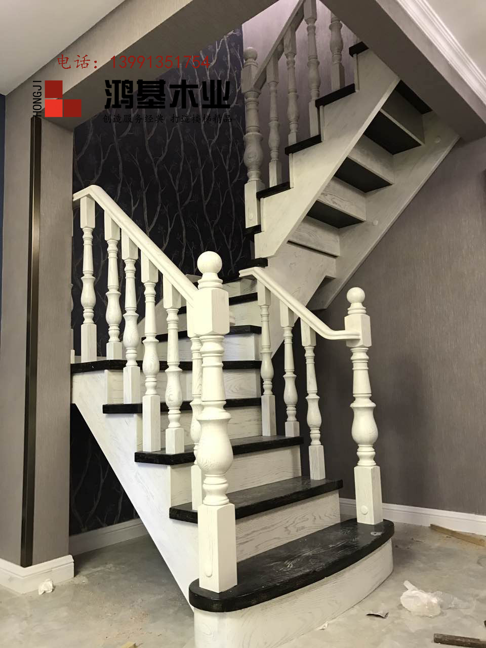 (西安市厂家直销实木楼梯)美国红橡木定制实木楼梯-鸿基楼梯